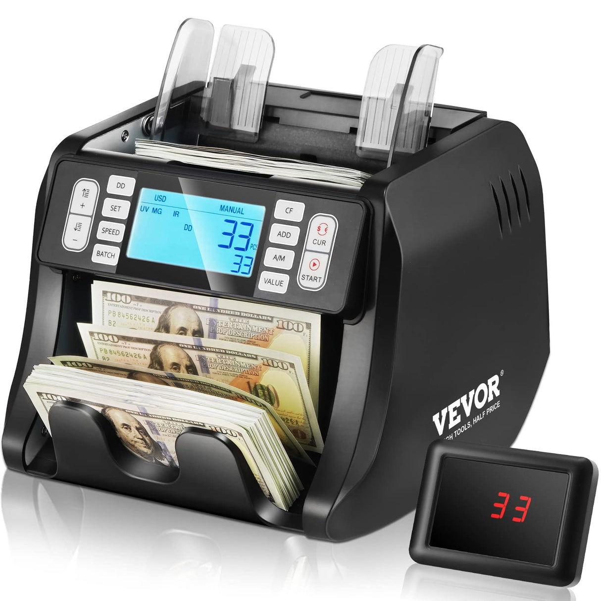 VEVOR Contador de Billetes con Detección de Falsificaciones UV, MG, IR y DD, Máquina Contadora de Efectivo en USD y EUR con Modos de Adición y Lotes, LCD Grande y Pantalla Externa