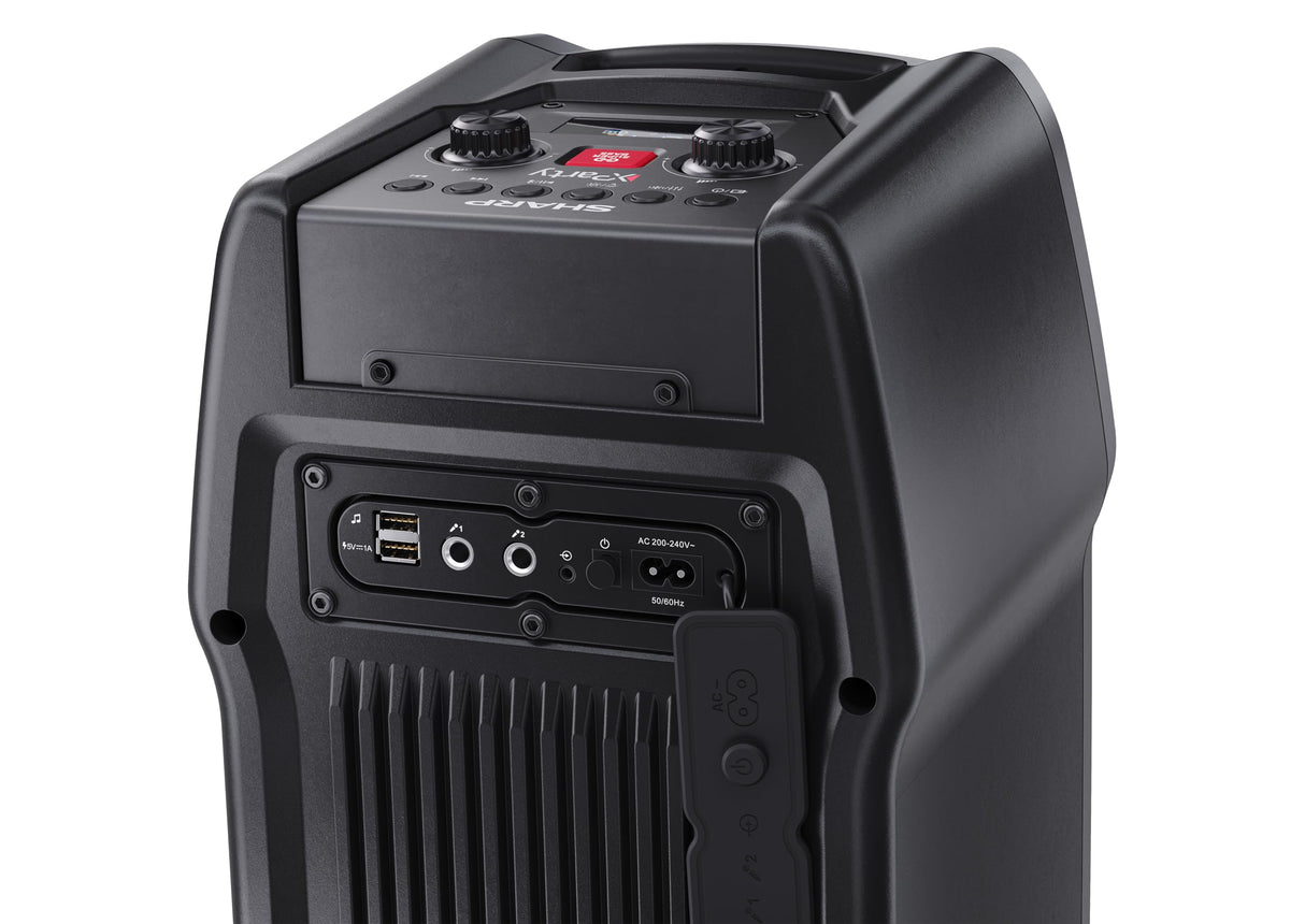 SHARP PS-931 Party Speaker, microfono, TWS, Bluetooth, 2 x USB, 2 puertos 6,3 mm para microfono y guitarra, luces multicolor, 180W p. maxima, bateria litio integrada con hasta 13 horas de reproduccion