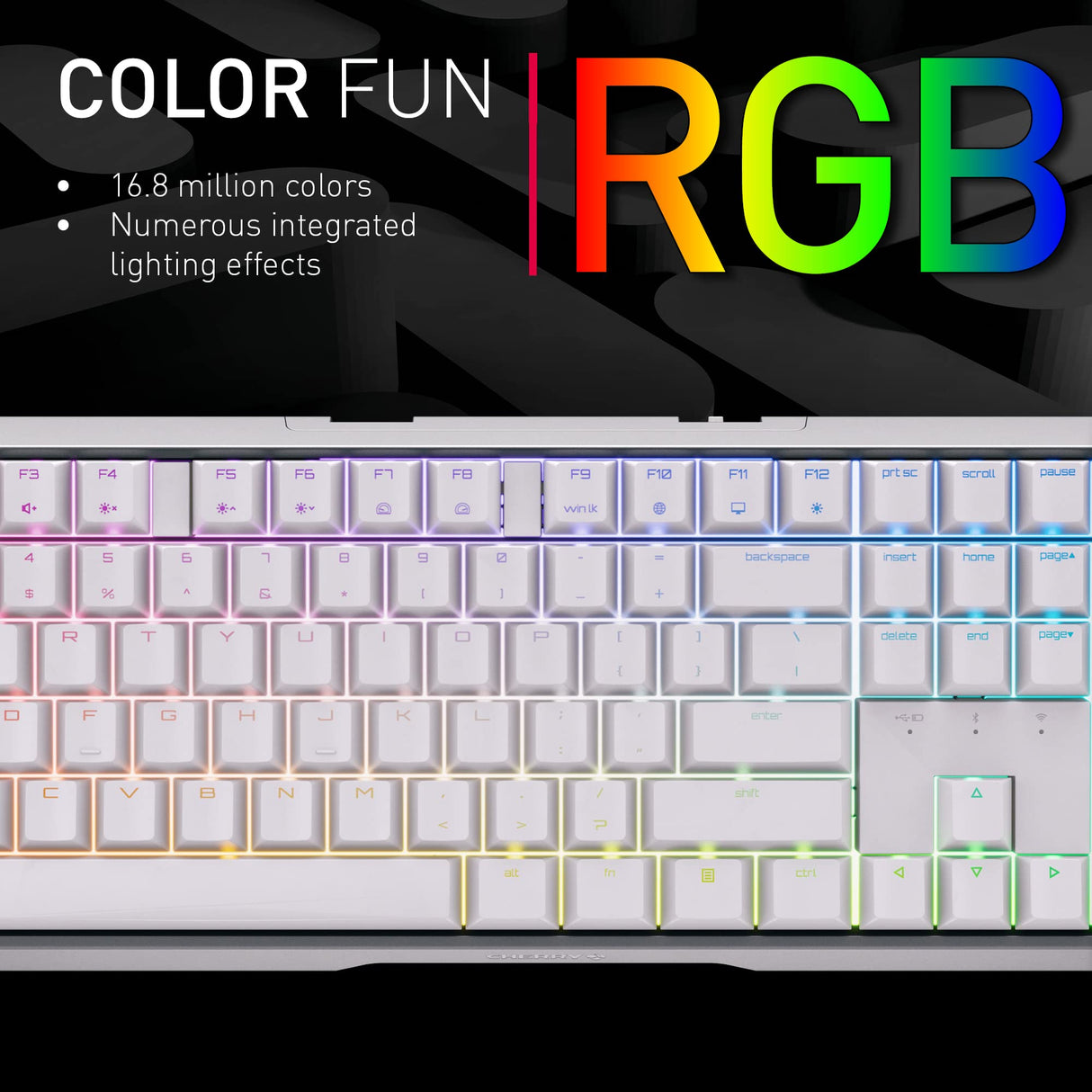CHERRY MX 3.0S Wireless, teclado Gaming mecánico inalámbrico con iluminación RGB, distribución de teclado alemán (QWERTZ), conexión Bluetooth, radiofrecuencia o cable, switches MX BROWN, blanco