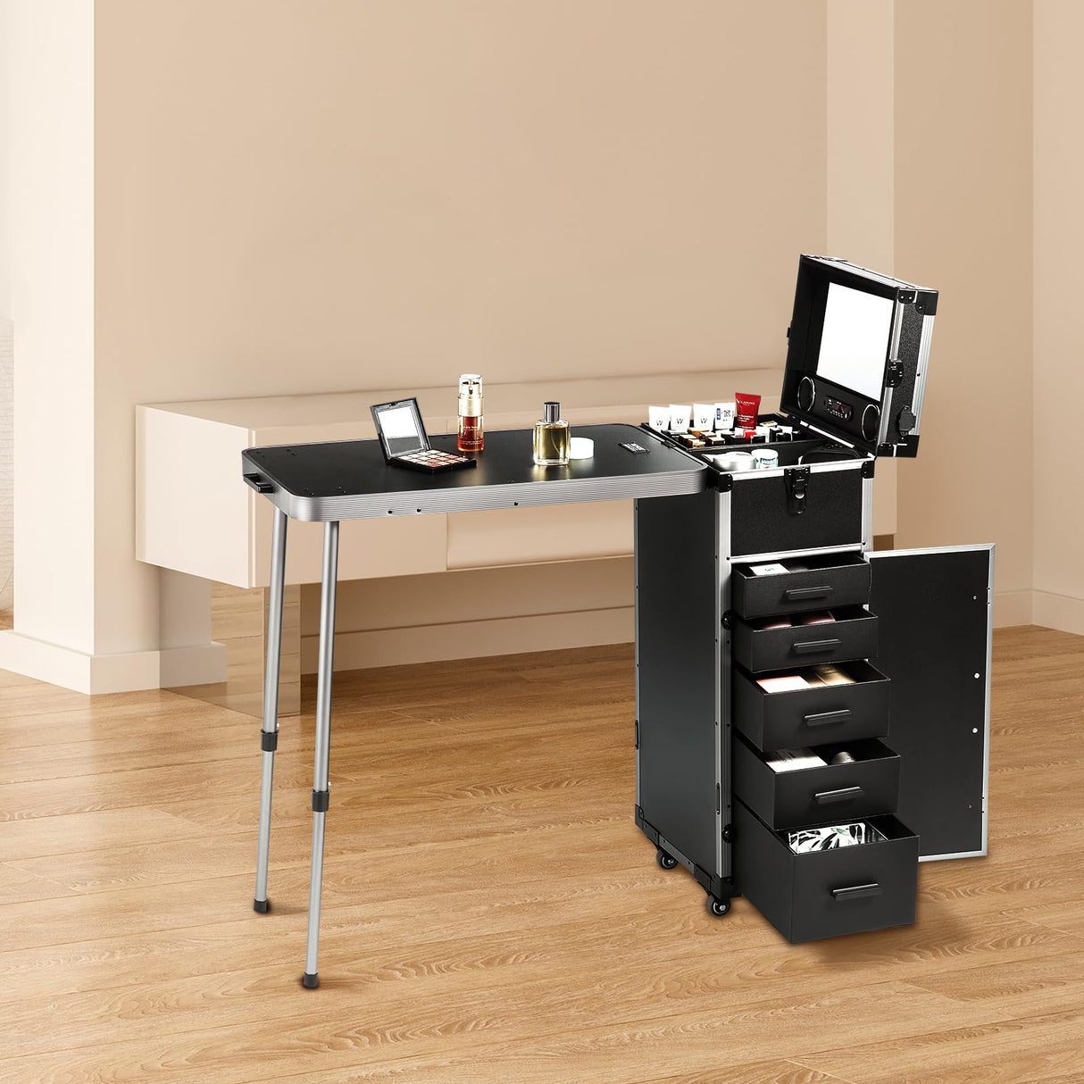 VEVOR Estuche de Maquillaje Profesional de Aluminio, Banco de Trabajo con Patas de Apoyo, Estuche de Cosméticos con Ruedas, Carro Organizador de Viaje Grande, con Ruedas Giratorias de 360°, Negro
