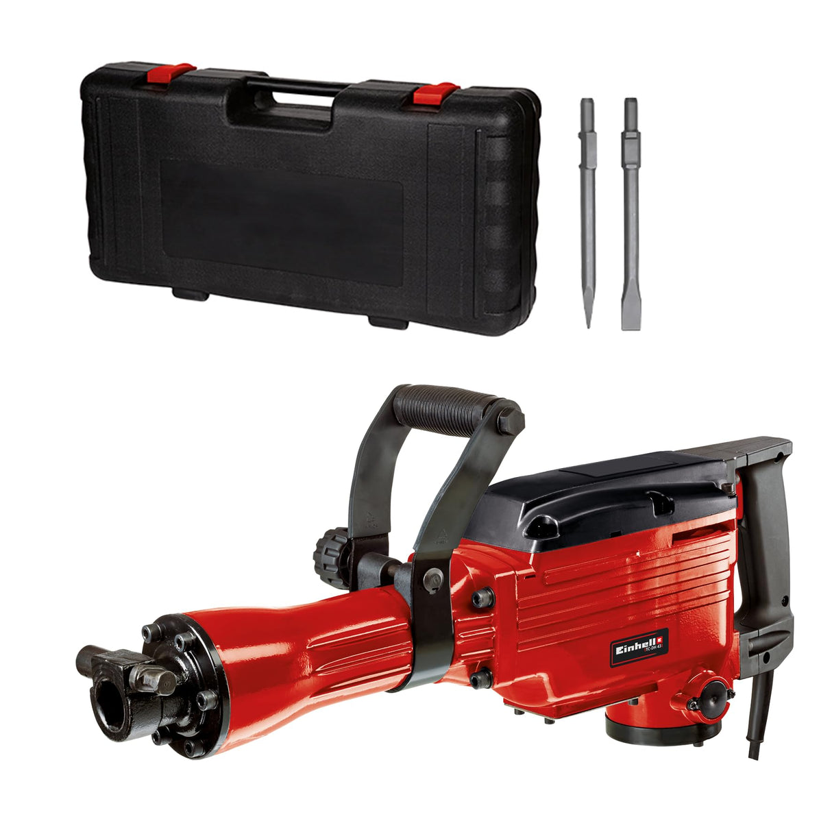 Einhell Martillo demoledor con cable - TC-DH 43. 1600 W, potencia de impacto 43 J, mandril hexagonal SDS, mango adicional ajustable en 180°, incl. Cincel puntiagudo y plano. Rojo