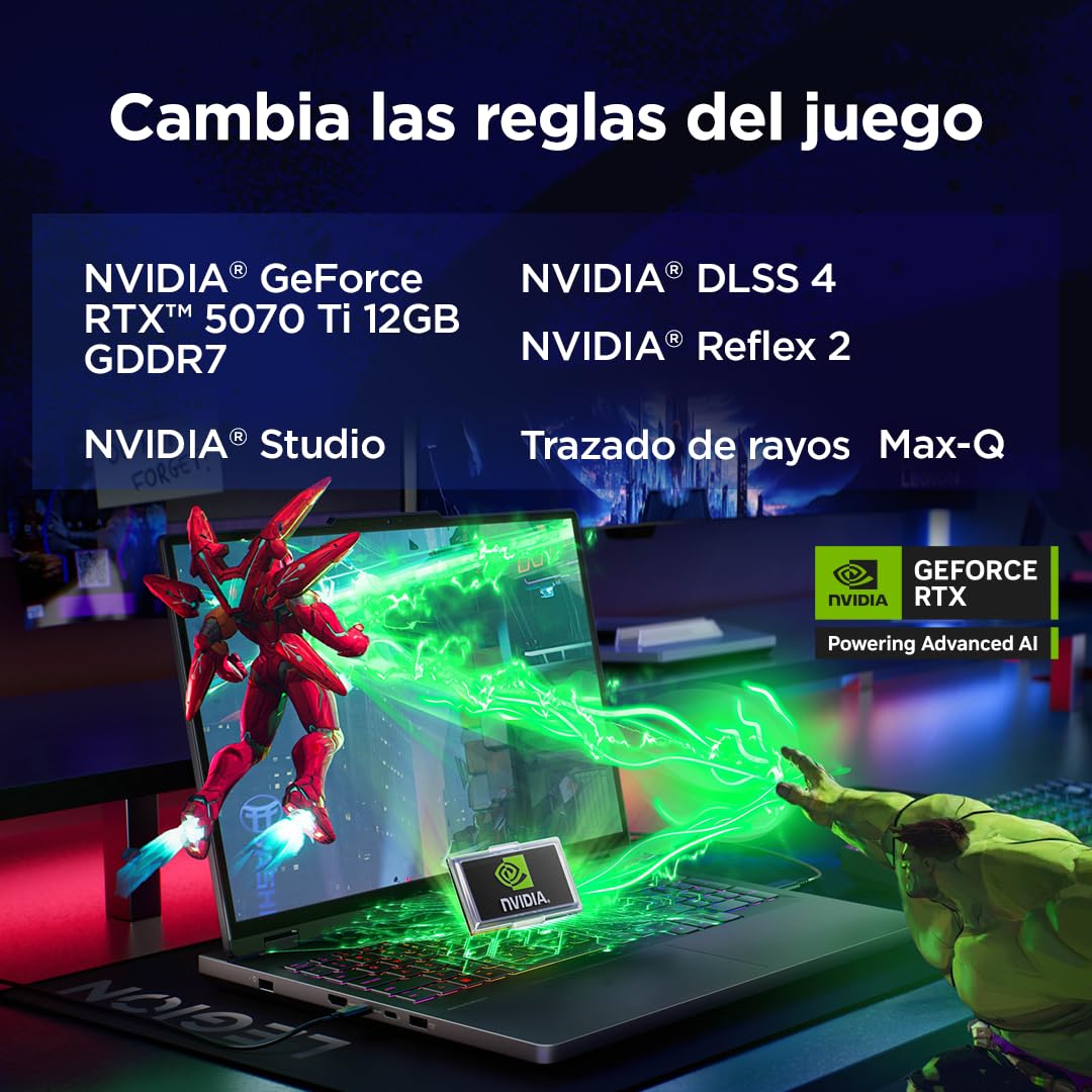 Lenovo Legion Pro 5 Gen10–Portátil Gaming IA 16'' OLED 240Hz (Intel Core Ultra 9 275HX, NVIDIA GeForce RTX 5070 Ti, 32GB RAM, 1TB SSD, WiFi6, Sin Sistema Operativo) QWERTY RGB 24 Zonas Español – Negro