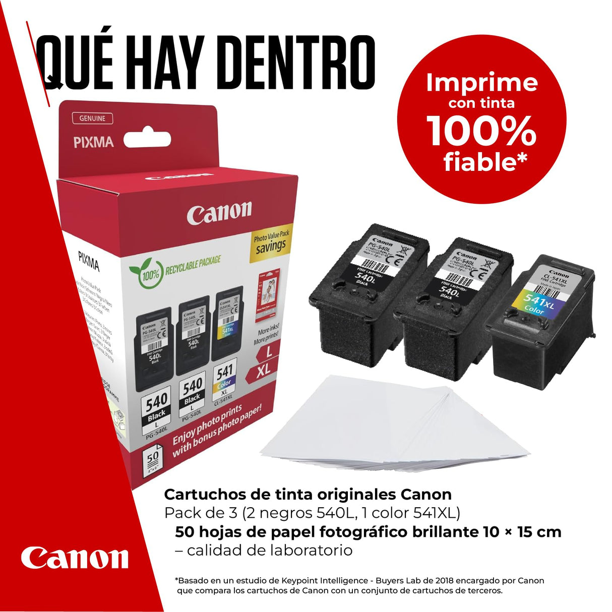 Canon Tinta y Papel - PG-540L + CL-541XL - Pack de 3 Cartuchos Originales - (x 2 Negro, x 1 Tricolor) + Papel fotográfico 10 x 15 cm (50 Hojas)