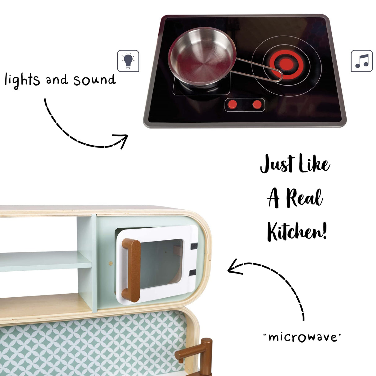 Janod - Cocina de doble cara- Cocina de madera para niños Recto-Verso - Cocina con luz y sonido - Con 7 accesorios - De 3 a 8 años, J06594