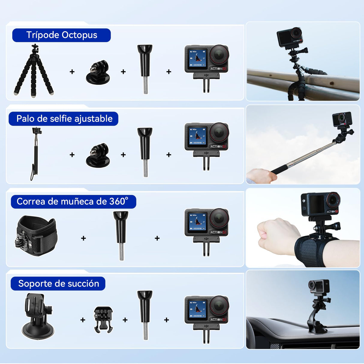 DJI Osmo Action 5 Pro Combo con 58 accesorios, cámara impermeable con sensor de 1/1,3 pulgadas, 4K/120 fps, seguimiento de patrón, estabilización, pantalla táctil OLED dual, cámara de acción 4K, ideal