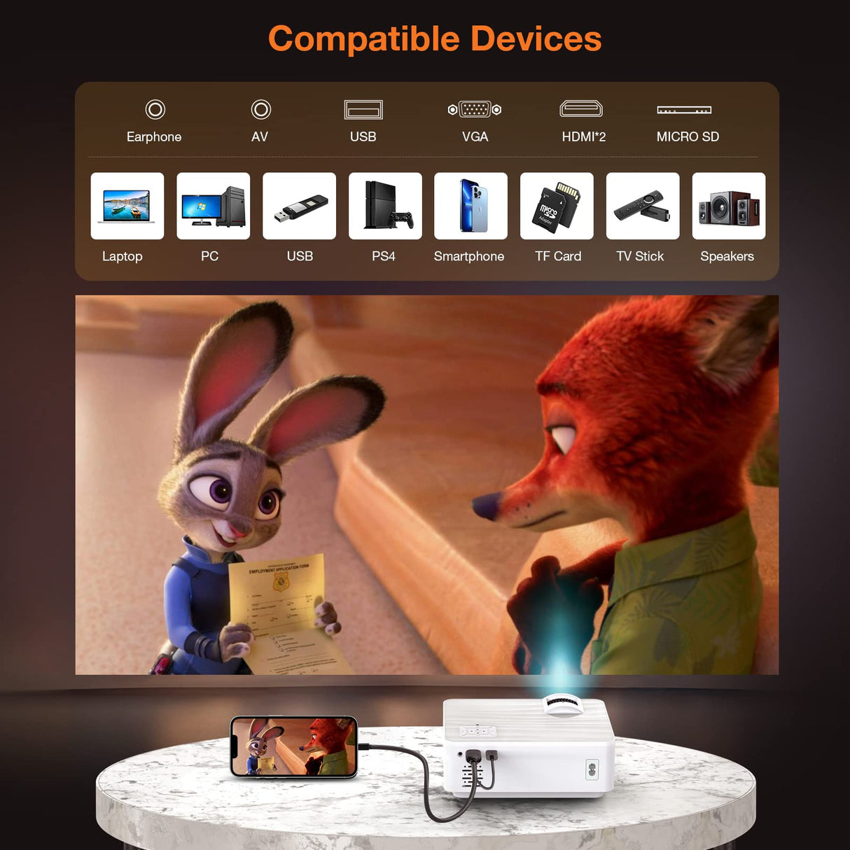HOPVISION Proyector, Nativo 1080P 4K 9500 Lúmenes Mini Proyector Multimedia Teatro en casa Bluetooth 5.1 con Pantalla de 100 Pulgadas Compatible con HDMI, USB, AV, Smartphone