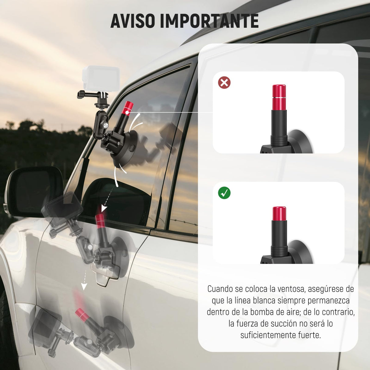 NEEWER Kit de Montaje de Coche con Triple Ventosa, Cámara Soporte de Fibra de Carbono con Adaptador Cámara Acción, Raíl NATO y Mástil de Extensión de 60cm Compatible con GoPro Insta360, MAX 1kg,CA136