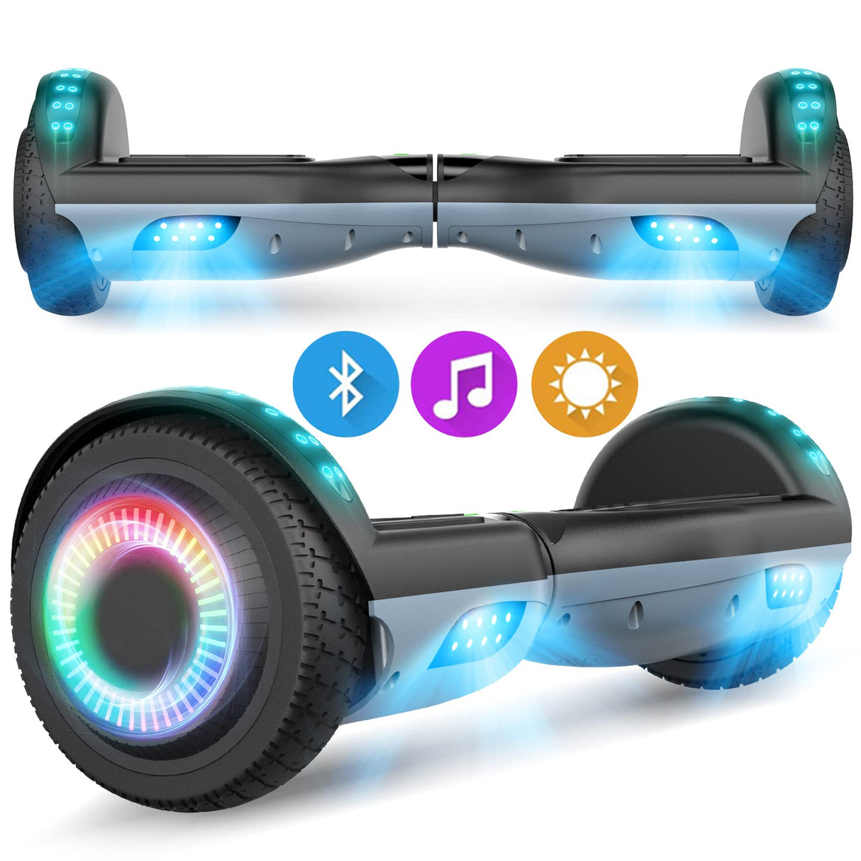 SISIGAD Hoverboard 6,5 pulgadas Overboard, Hover Scooter Board Todoterreno, Bluetooth y LED autoequilibrado, Scooter eléctrico Auto-equilibrio para niños y adultos HY-A12 gris/negro
