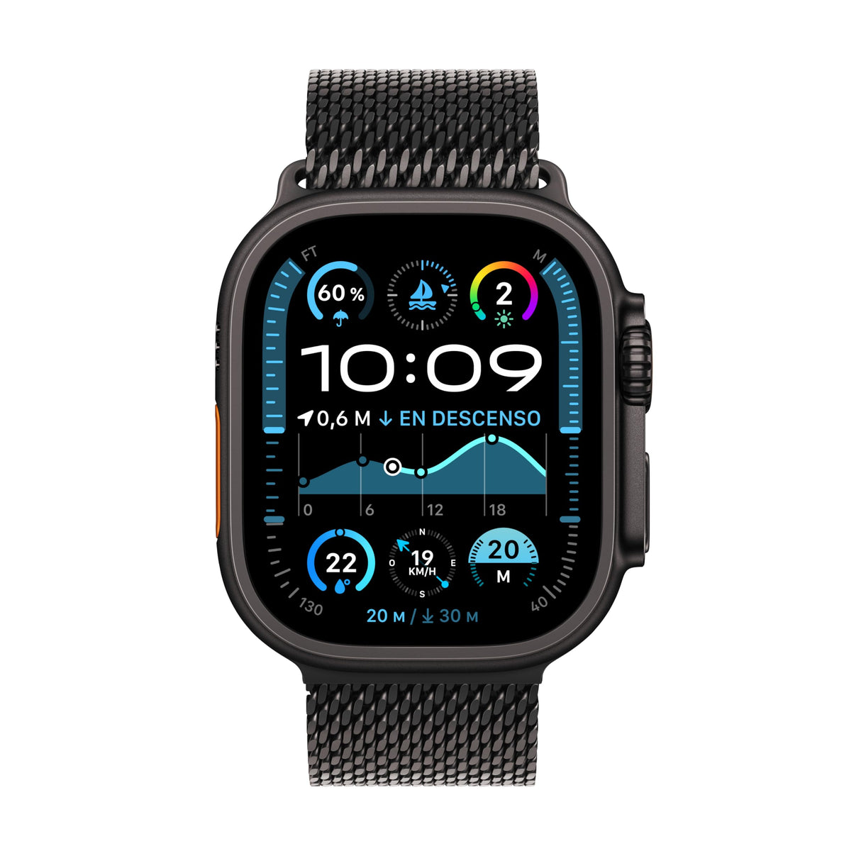 Apple Watch Ultra 2 GPS + Cellular Smartwatch, Reloj Deportivo con Caja de Titanio Negro Resistente de 49 mm y Pulsera Milanese Loop en Titanio Negro - Talla L. Monitor de entreno, Neutro en Carbono