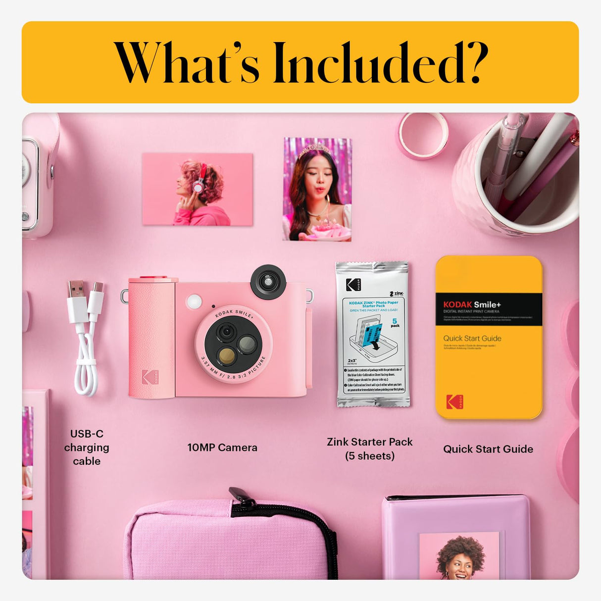 KODAK Smile+ Cámara Digital instantánea 2-en-1 y Impresora Bluetooth - 10MP, Lente giratoria con Efectos, Fotos Adhesivas Zink 2x3”, Imprime Desde App en Dispositivos Inteligentes - Rosa