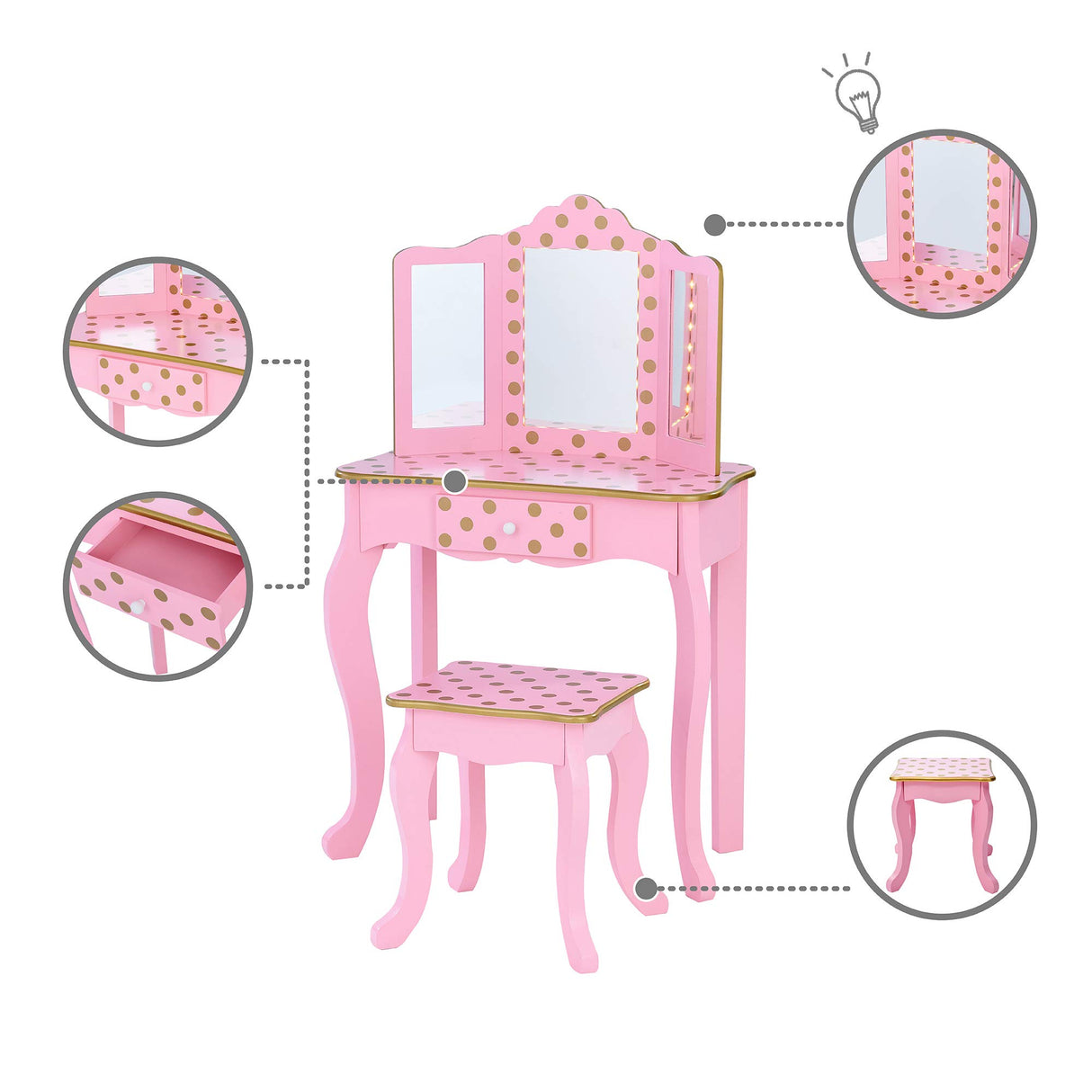 Teamson Kids Imitacion Tocador Espejo Y Luz LED para Niños Rosa/Oro-Rosa TD-11670LL