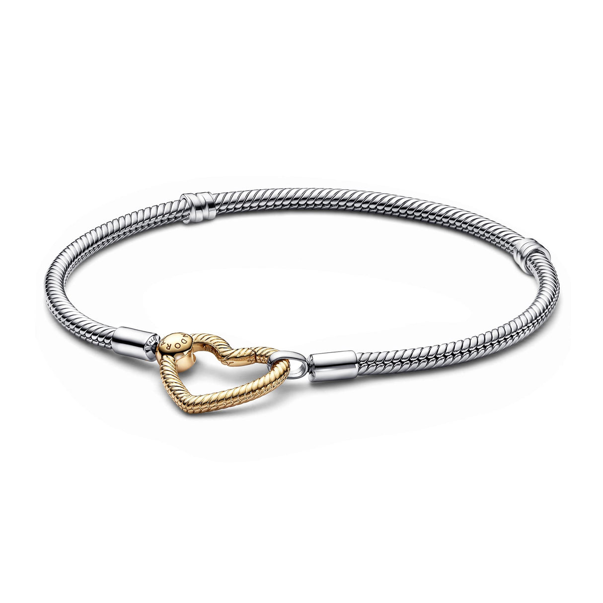 Pandora Moments Pulsera de plata de ley con cadena de serpiente chapada en oro de 14 quilates con cierre de corazón, 16