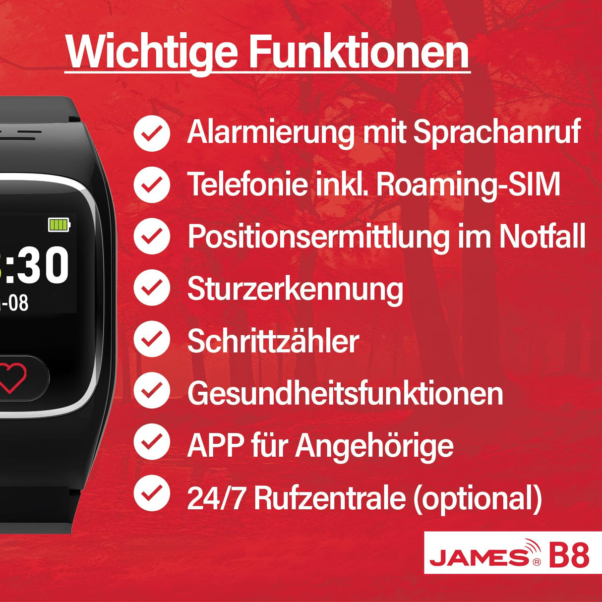 James B6 - Reloj de Emergencia y Seguridad para Personas Mayores, detección de caídas, botón de Llamada de Emergencia y localización GPS, Funciones de Salud, por Ejemplo, Pulso, aplicación Familiar +