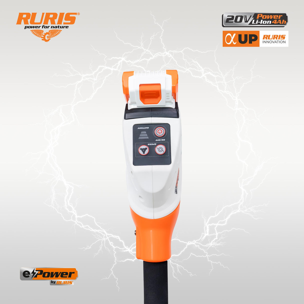 RURIS - Desbrozadora con batería 3024e - Motor sin escobillas - Ancho de Corte 300 mm (Alambre) / 255 mm (Hoja), Asas ergonómicas, batería de 20 V Li-Ion 4 Ah y Cargador Incluido