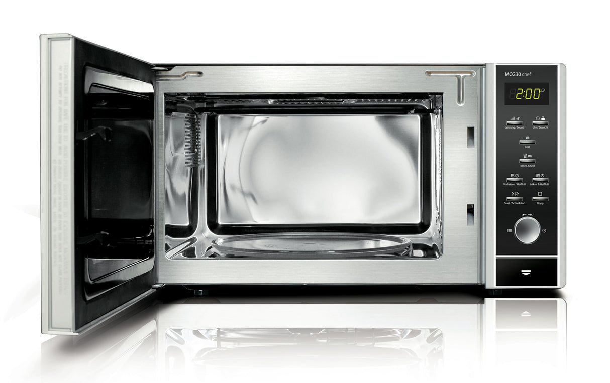 CASO MCG 30 Chef - microondas 3 en 1 de 900W con grill de 1250W y aire caliente de 2200W - Capacidad de 30L - Plato giratorio Ø 31,5 cm - pantalla digital, frontal espejado - acero inoxidable y negro