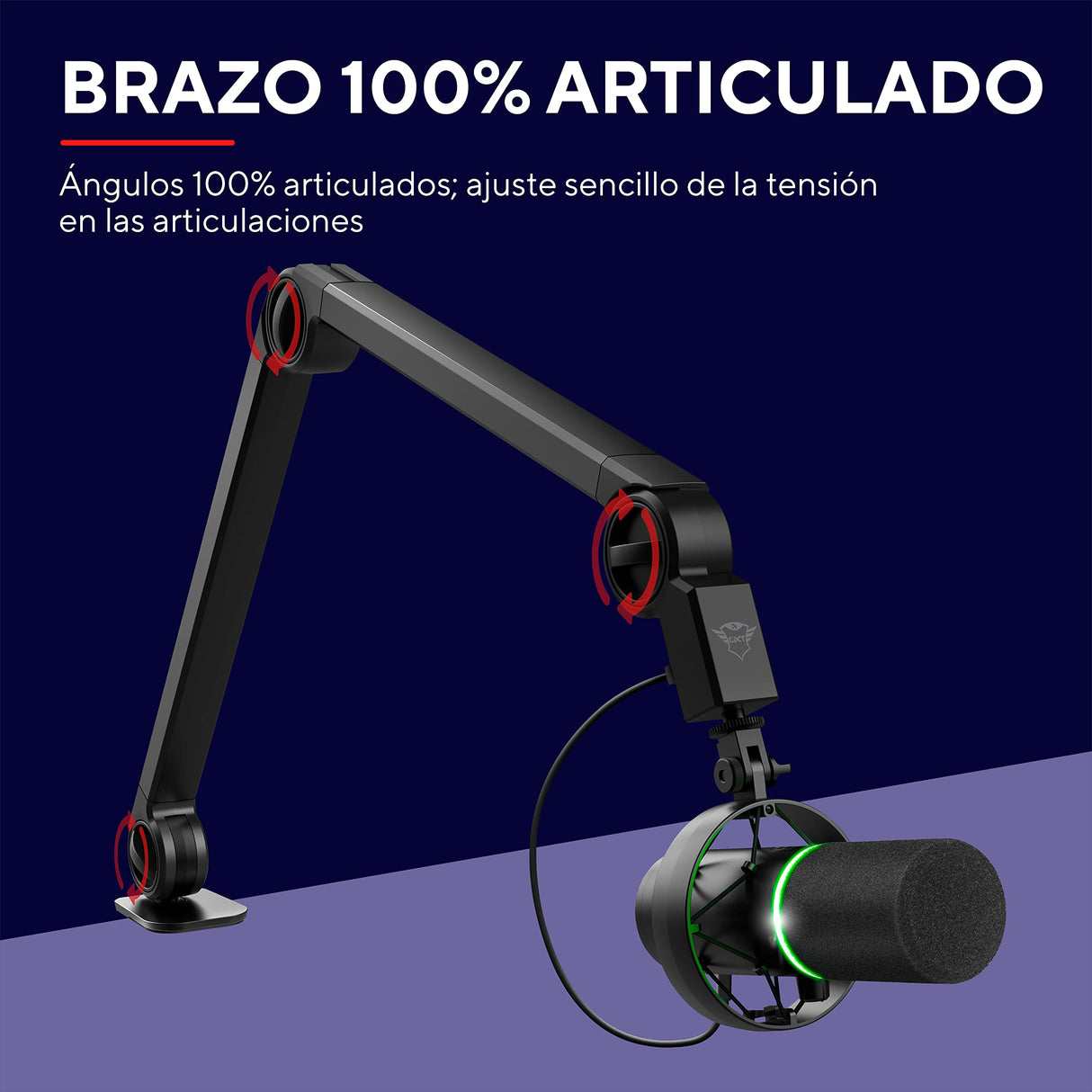 Trust Gaming 24354 GXT 255+ Onyx Micrófono Profesional con Brazo, Patrón Cardioide, con Filtro Pop, USB, LED, para Grabación, Podcasting, Streaming, Radiodifusión, Negro