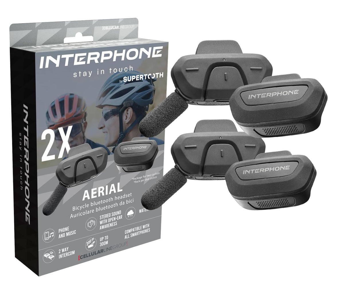 INTERPHONE Aerial - Intercomunicador Doble para Bicicleta para la comunicación Entre 2 Ciclistas hasta 300 m, interfono Casco Bicicleta con Bluetooth para GPS, música y Llamadas, Impermeable y con