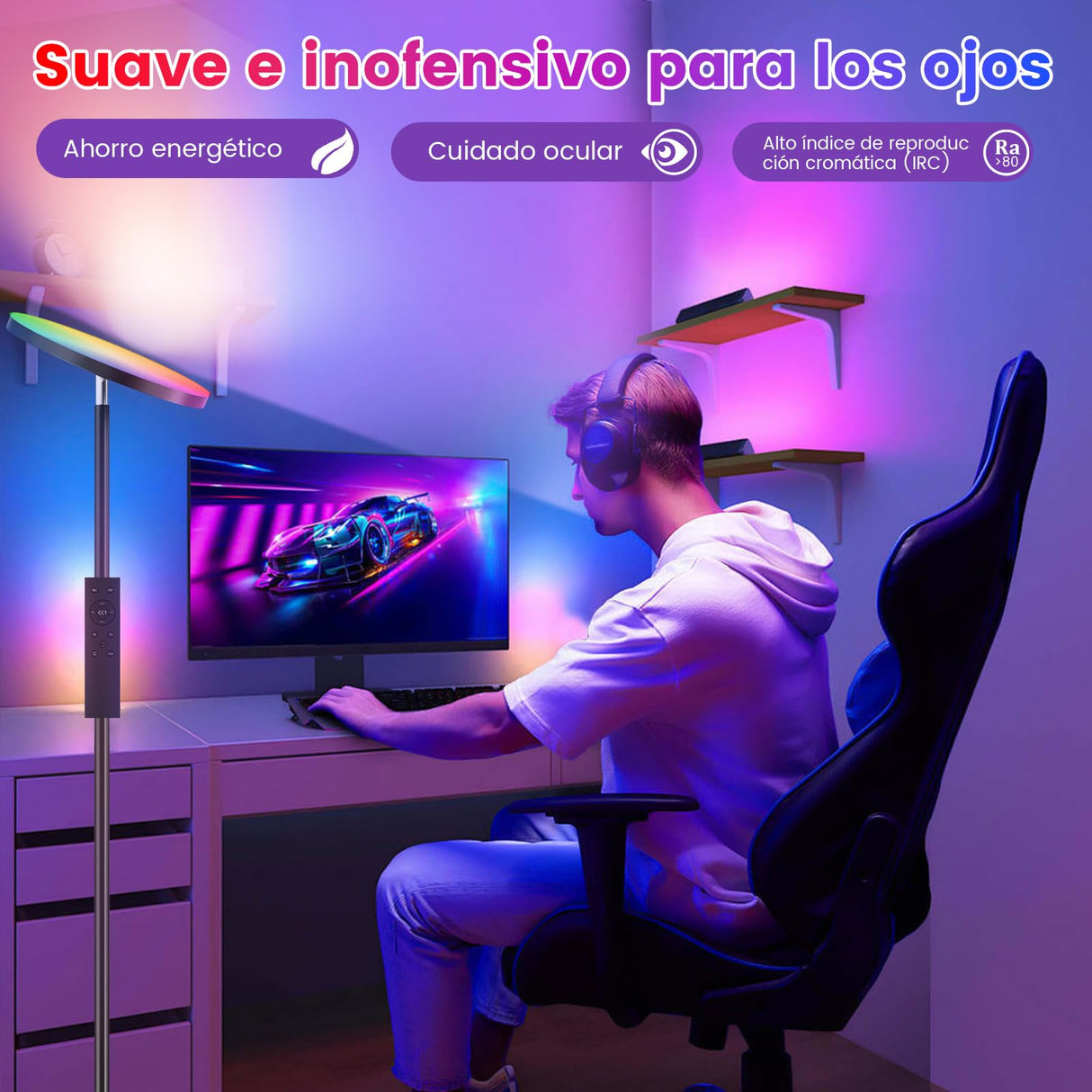 YICAIZI Lámpara de Pie LED Regulable de 42W, Lamparas de Pie Para Salon Superbrillante de 4000 LM Para Sala de Estar Con Luz de Lectura, Ajuste de temperatura de color y brillo (36W RGB)