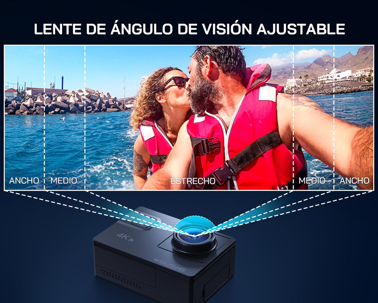 WOLFANG GA300 Cámara Acción 4K, Submarina 40m Impermeable con Tarjeta 32GB, WiFi 60FPS 24MP, Zoom 8X + Gran Angular 170° EIS, Mando 2.4G, Pantalla Táctil, 2 Baterías 1350mAh