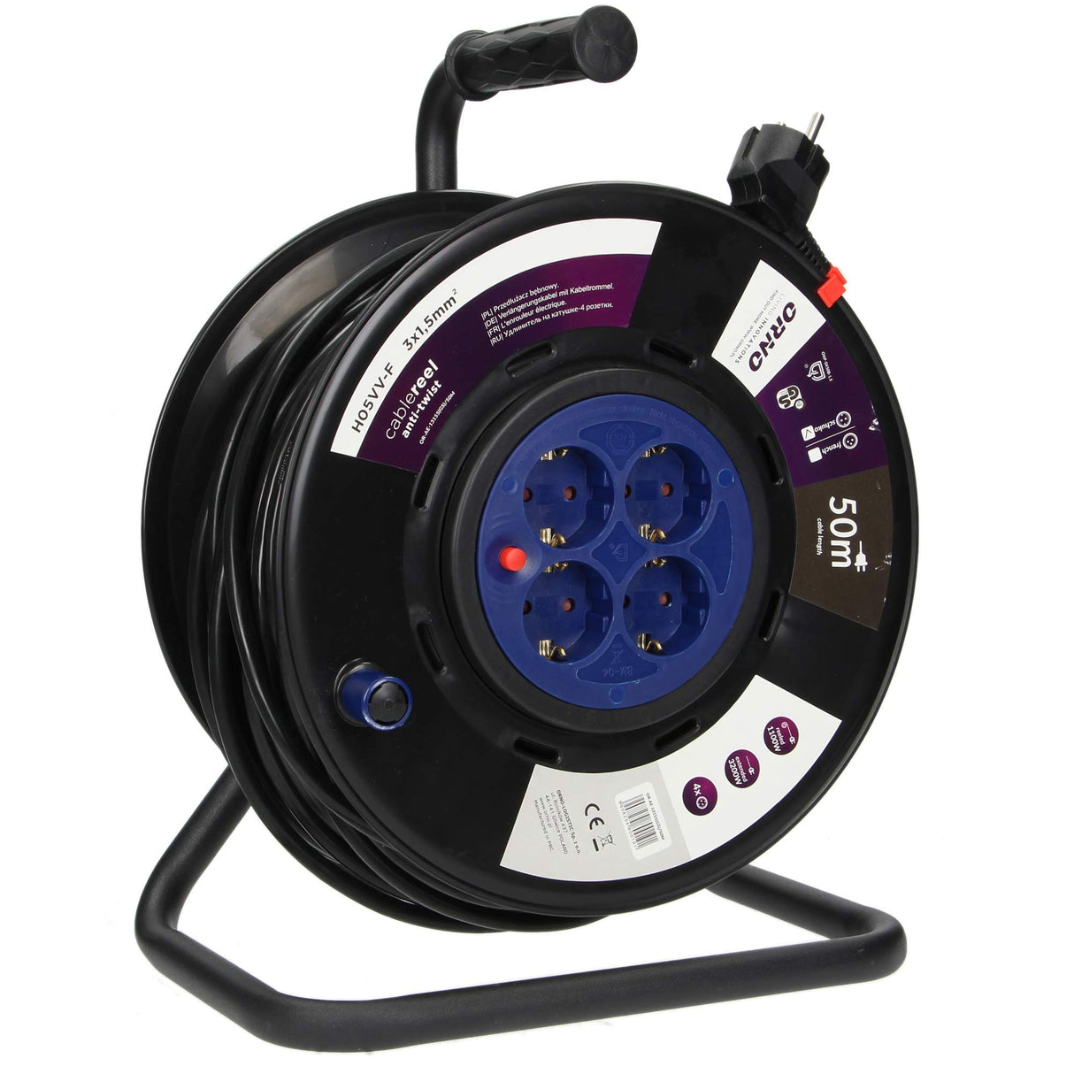 ORNO OR-AE-13155(GS) Tambor De Cable Sistema de enchufe antitorsión de 50m y 4 compartimentos de 3200W. (50m)