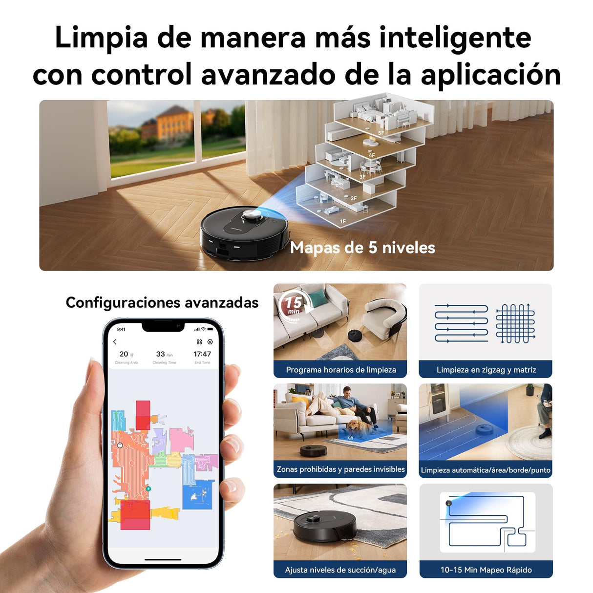 Proscenic Q8 MAX Robot Aspirador con Base Autovaciado, Navegación Lidar, 5000Pa/200Mins Potente Succión, Antienredos, Control de Voz/App/Aleax, Ideal para Pelo de Mascotas, Polvo, Piso y Alfombras