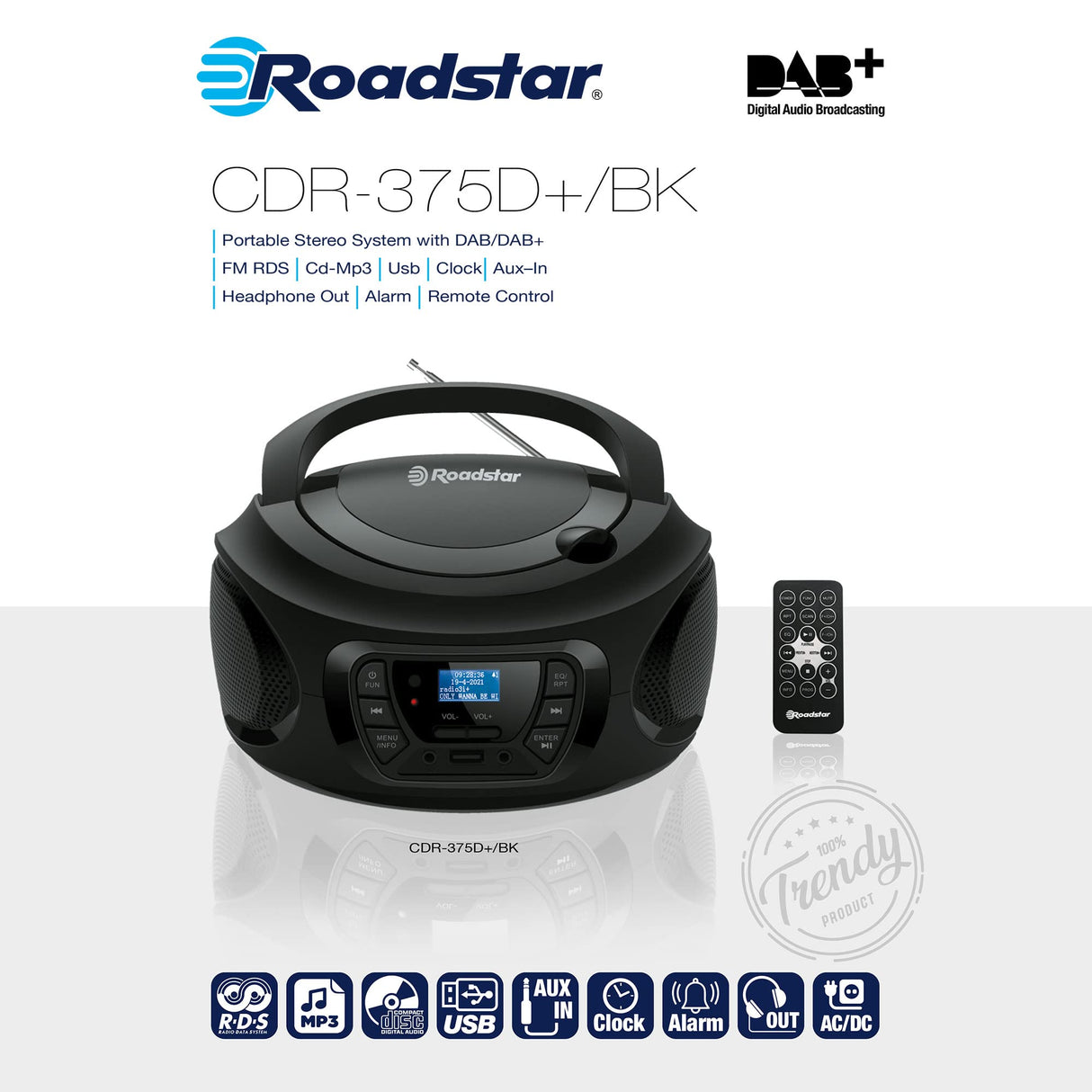 Roadstar Radio Portátil CDR-375D+/BK Radio CD Player Portátil Dab/Dab+ / FM, Boombox Reproductor CD-MP3, Puerto USB, Stereo, Mando a Distancia, AUX-IN, Salida de Auriculares, Negro