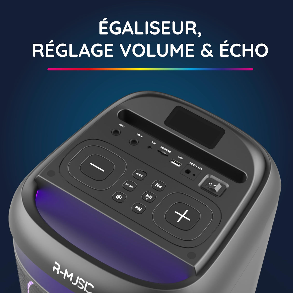 R-MUSIC - Blaster M - Altavoz de Alta Potencia - Bluetooth, Luces RGB, Modo Karaoke, asa integrada, micrófono Incluido, Soporte para teléfono y Tableta integrada - Autonomía 7h