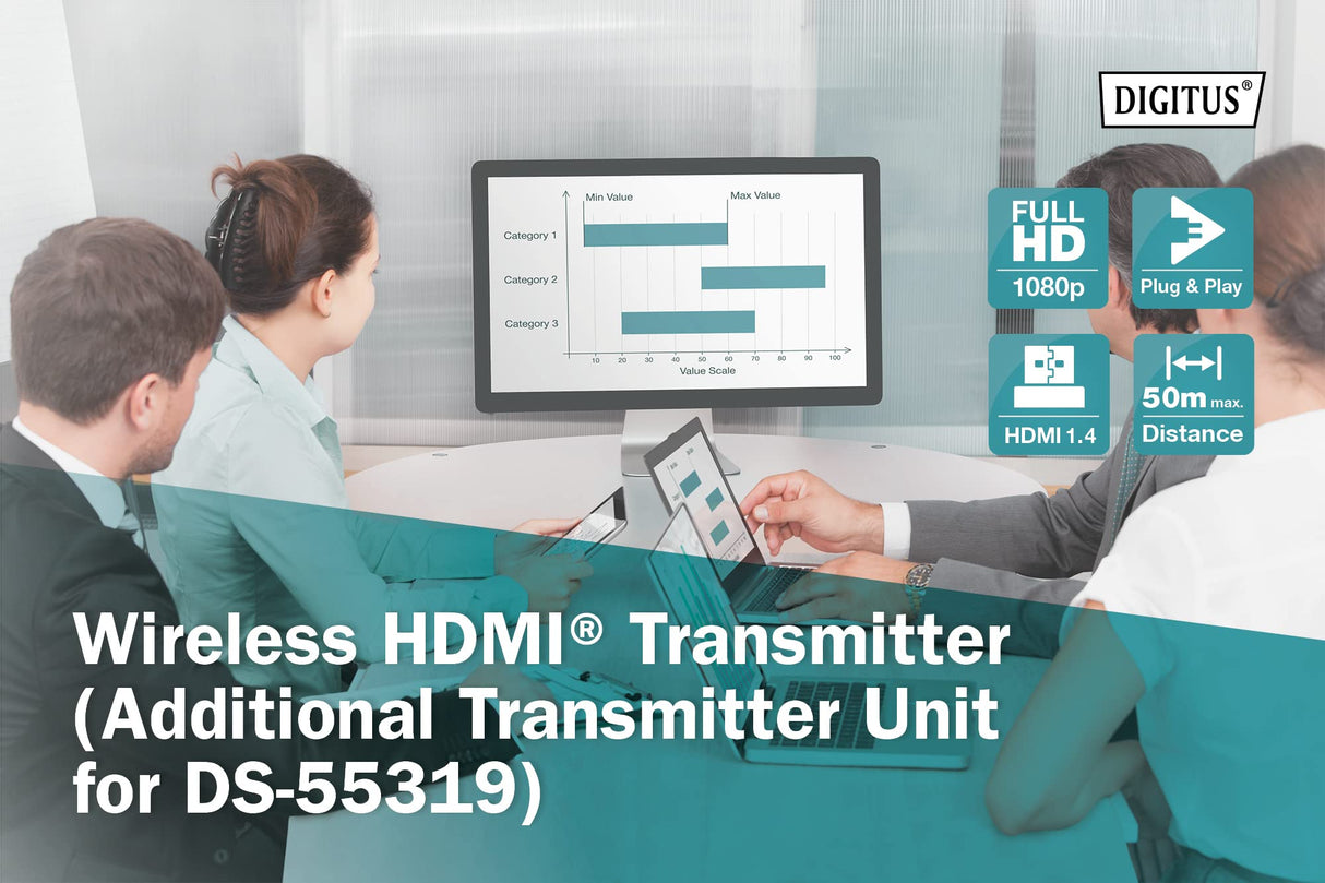 DIGITUS DS-55320 Click & Present Mini - Transmisor HDMI para ampliación - Unidad transmisora HDMI para DS-55319 - No Requiere Controladores - True Plug & Play - Plata/Negro
