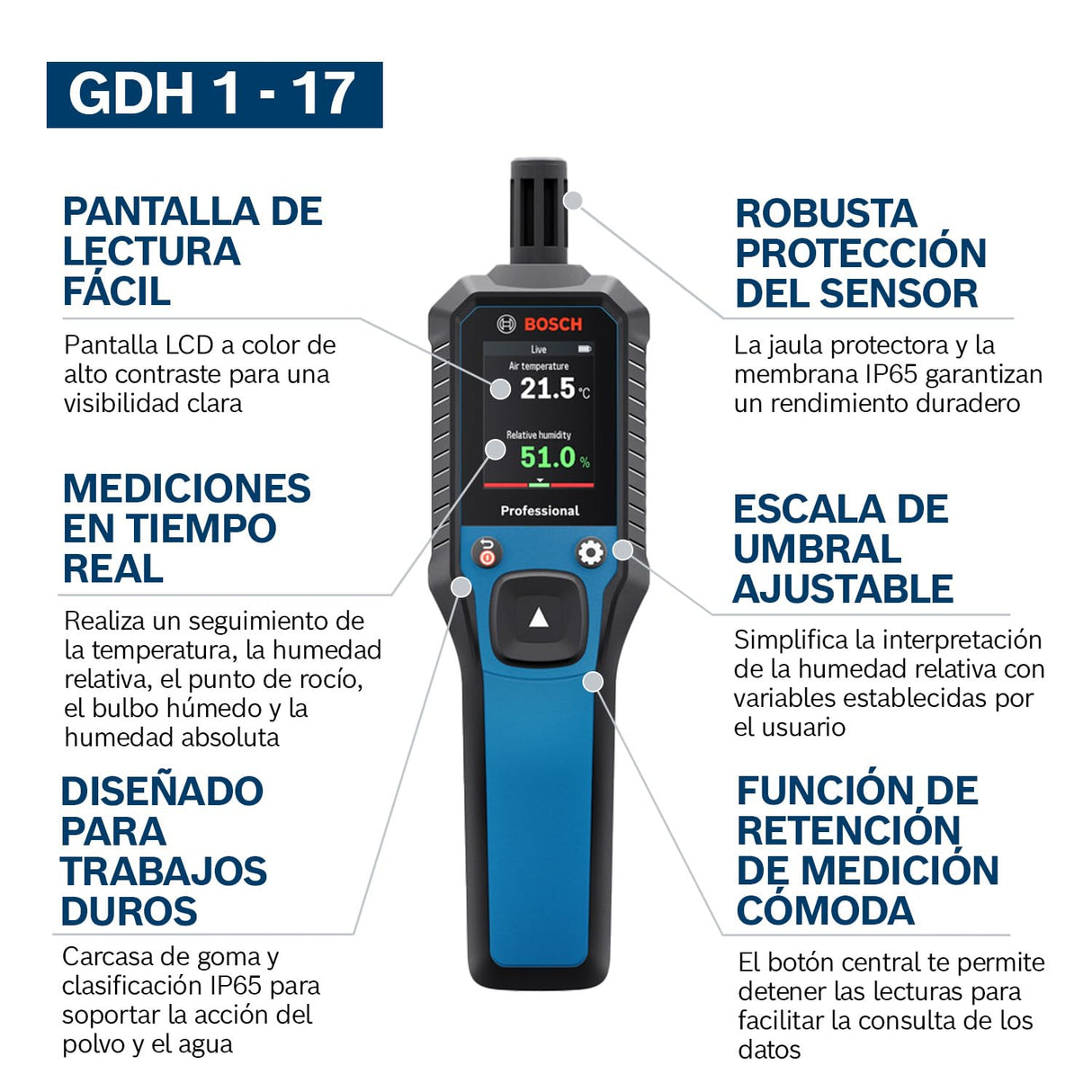 Termohigrómetro GDH 1-17 de Bosch Professional (lecturas en tiempo real, pantalla LCD a color de alto contraste, clasificación IP65, carcasa de goma, 2 pilas AA, bolsa)
