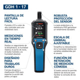 Termohigrómetro GDH 1-17 de Bosch Professional (lecturas en tiempo real, pantalla LCD a color de alto contraste, clasificación IP65, carcasa de goma, 2 pilas AA, bolsa)