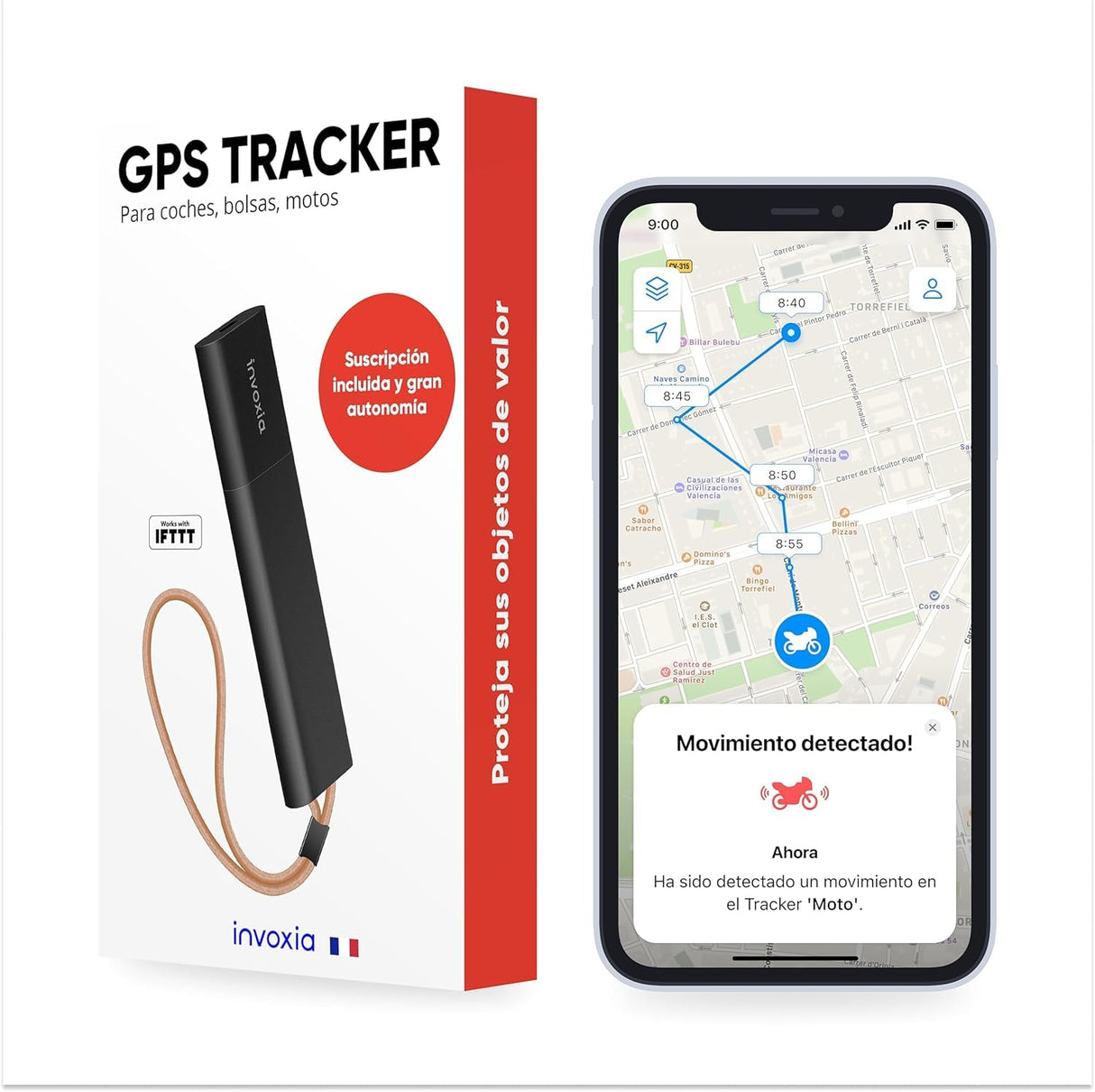 Rastreador GPS Invoxia Classic - Suscripción de 1 año incluida - para Autos, Motocicletas, Bicicletas y niños - Alertas de Movimiento e inclinación - hasta 6 Meses de duración de la batería