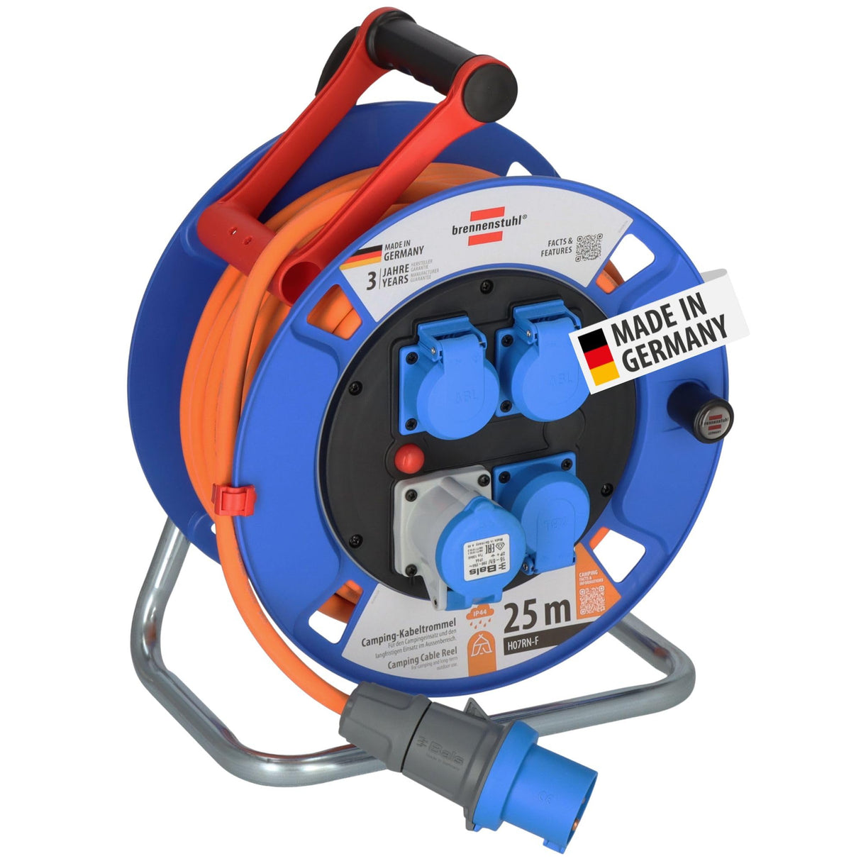 Brennenstuhl Garant CEE IP44 Carrete de cable de camping (CEE Carrete con cable de 25 m H07RN-F 3G2,5 en naranja, Carrete de cable para uso permanente al aire libre IP44, fabricado en Alemania)