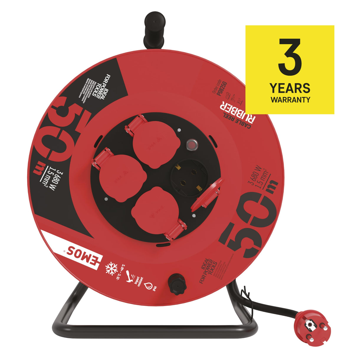 Emos P08250 Enrollacables Profesional alargador, de la Empresa, Grado de protección IP44, m de Cable con 4 enchufes Schuko, 1,5 mm2 Goma, para Uso Exterior, 50 Meter