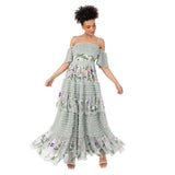 Maya Deluxe Vestido Largo para Mujer, Hombros Descubiertos, Tirantes Delgados, Bordado Floral, Volantes, Tul, Invitada de Boda, Lirio Verde, 38