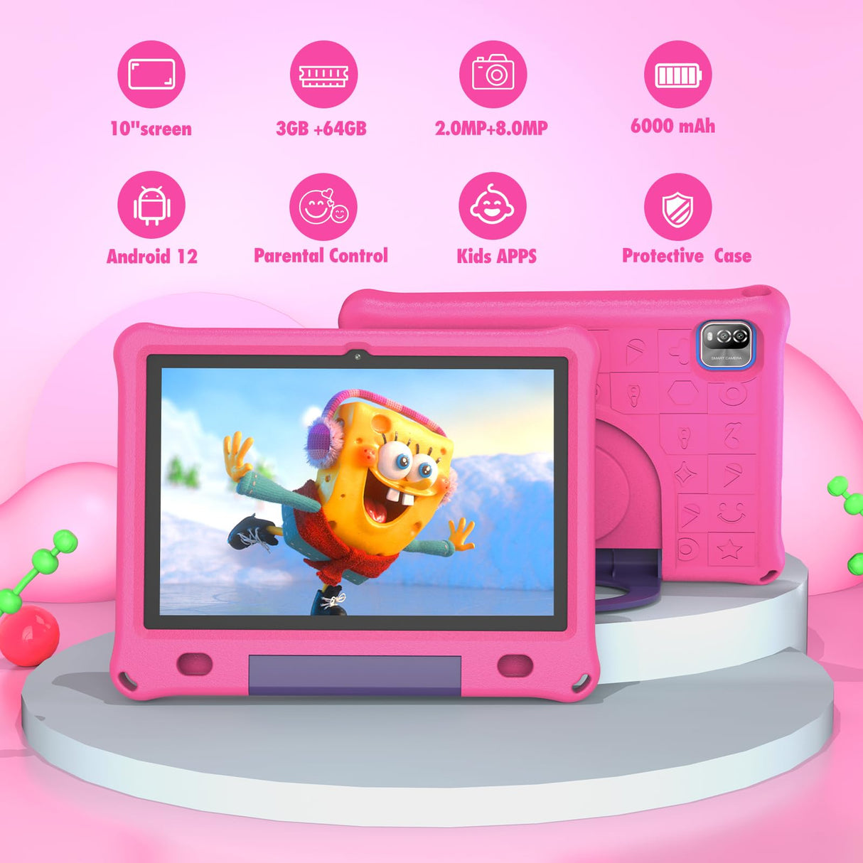 PRITOM Tableta Android 12 para niños, Pantalla IPS HD de 10'', 3GB+64GB, Software IWAWa Kids preinstalado, Control de Juegos educativos, Tableta WiFi con Estuche de Seguridad (Rosa)