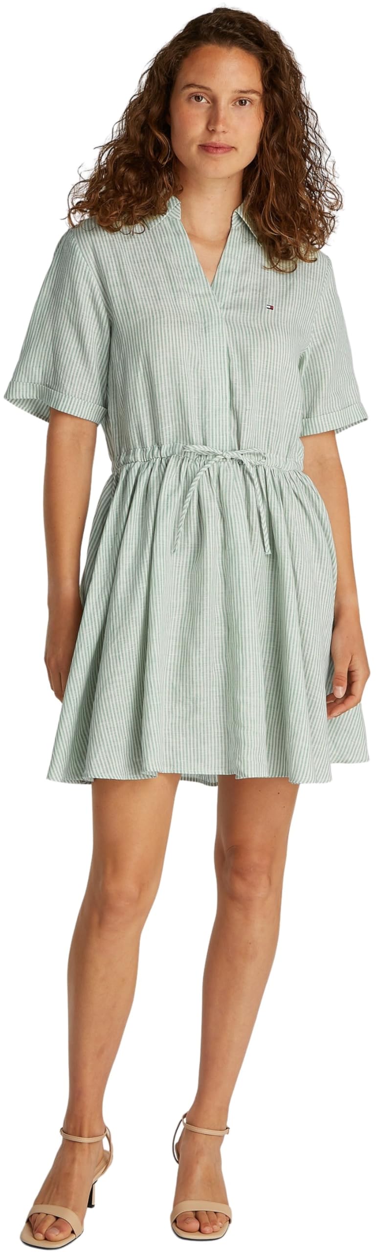 Tommy Hilfiger Vestido Mujer Linen Short con cinturón, Multicolor (Classic Ithaca/Fort Green), 36