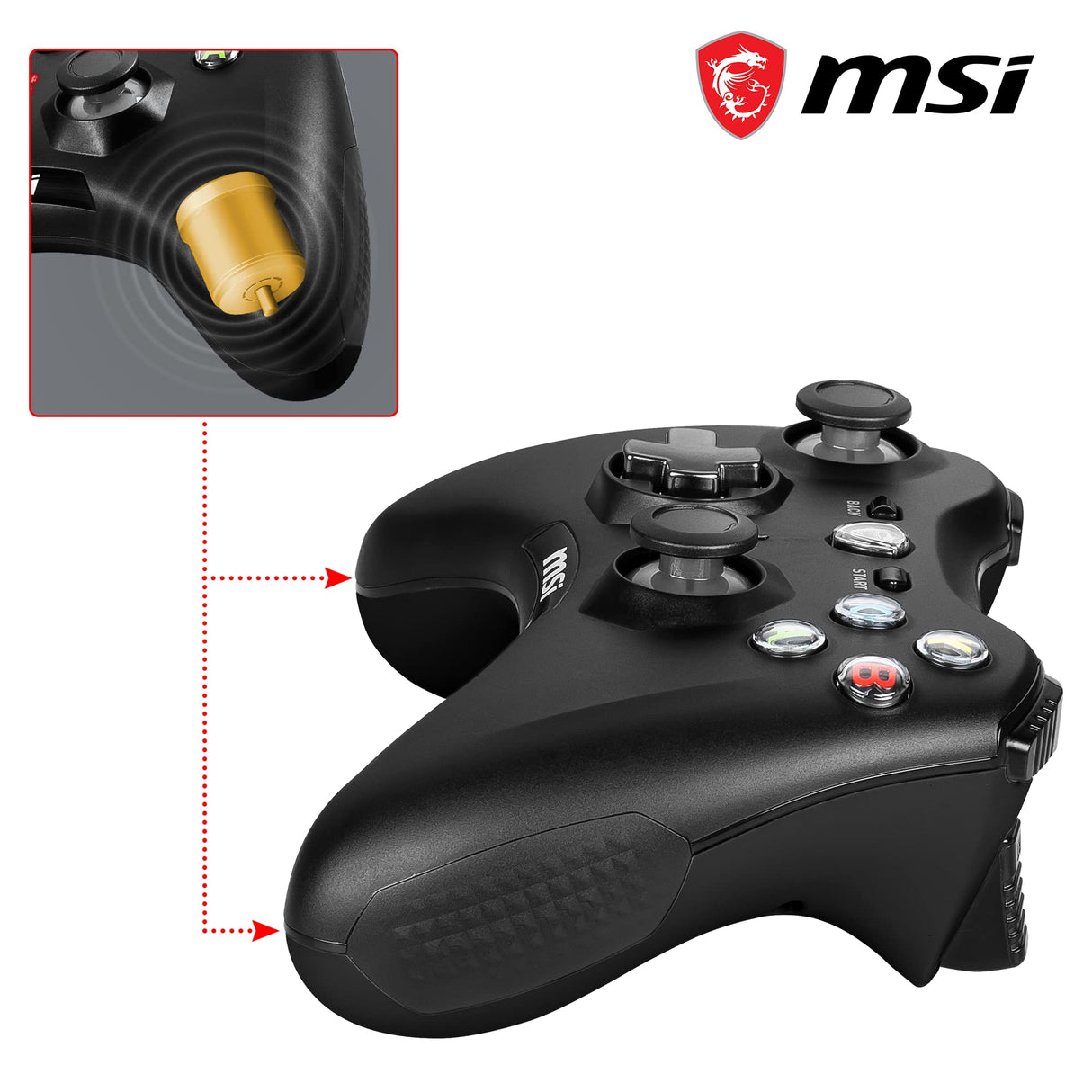 MSI FORCE GC30 V2 Controlador Gamepad Inalámbrico para PC - 2.4 GHz, Batería 600mAh Li-ion, Cubiertas D-Pad Intercambiables, 2 Motores de Vibración, USB 2.0 - Con Cable/Inalámbrico