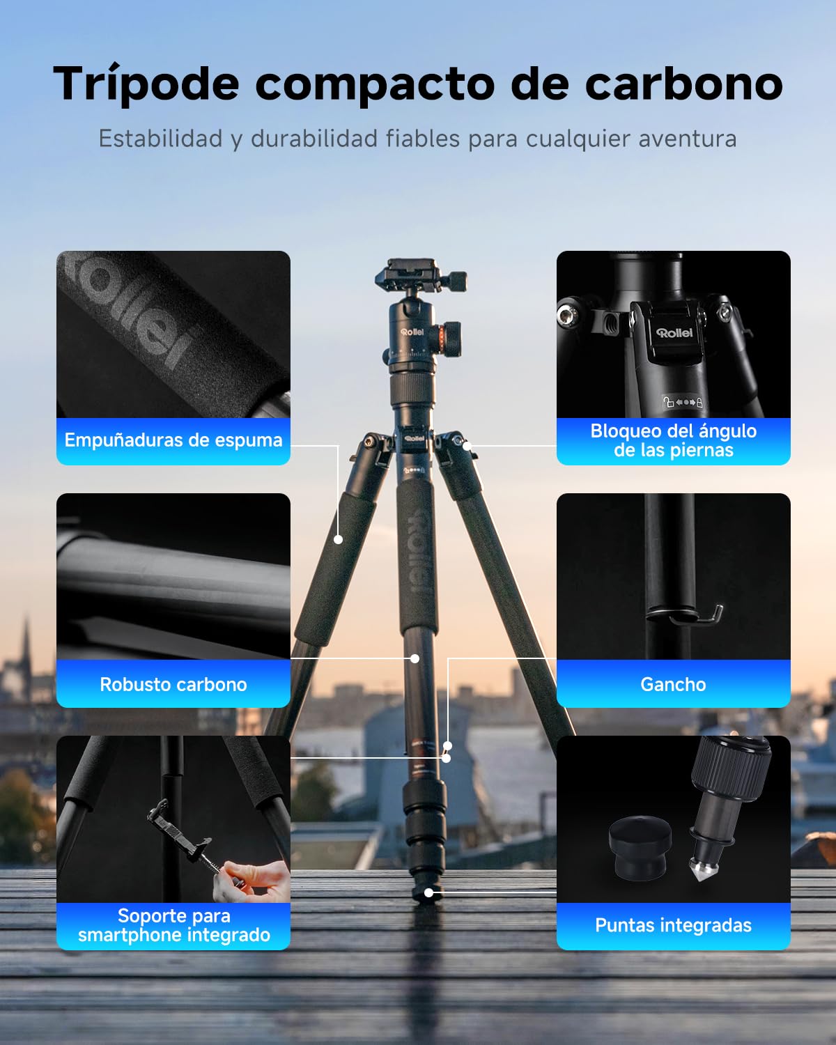 Tripode Camara Rollei C5i Negro, 156cm Tripode Carbono Fotografia de Viaje Portátil Camera Tripod Ligero con Cabezal Esférico de 360° Trípode y Monopie Compacto para Cámaras DSLR y Smartphone