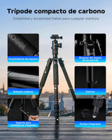 Tripode Camara Rollei C5i Negro, 156cm Tripode Carbono Fotografia de Viaje Portátil Camera Tripod Ligero con Cabezal Esférico de 360° Trípode y Monopie Compacto para Cámaras DSLR y Smartphone