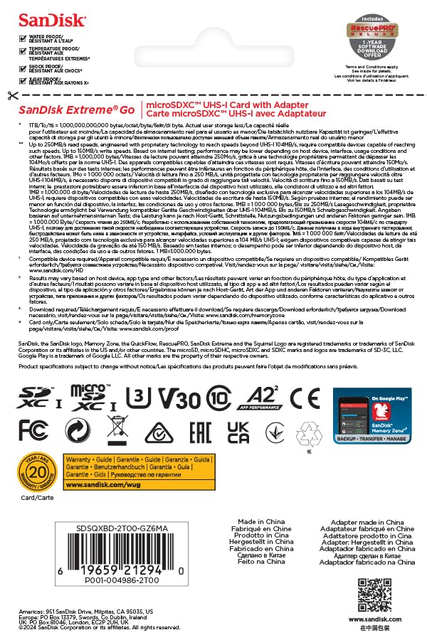 SanDisk 2TB Extreme Go Tarjeta Micro SD + Adaptador SD (para Smartphones y tabletas Android, Action Cams, Drones, UHS-I, hasta 200 MB/s, 5k, 4K UHD, V30, Rescue Pro Deluxe, Class 10, U3) para Amazon