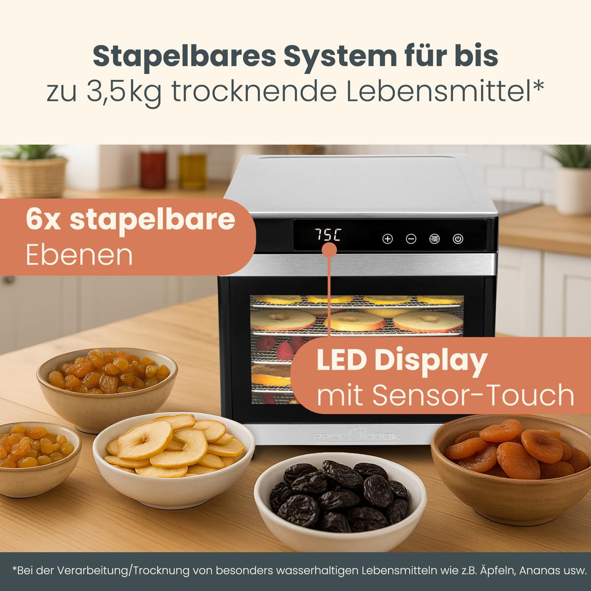 Proficook PC-DR1218 Deshidratador de Alimentos, 6 Bandejas Acero Inoxidable, Temperatura Ajustable 35-75°C, Temporizador 30 min - 24 h, Seca Frutas, Verduras, Carne, Hierbas