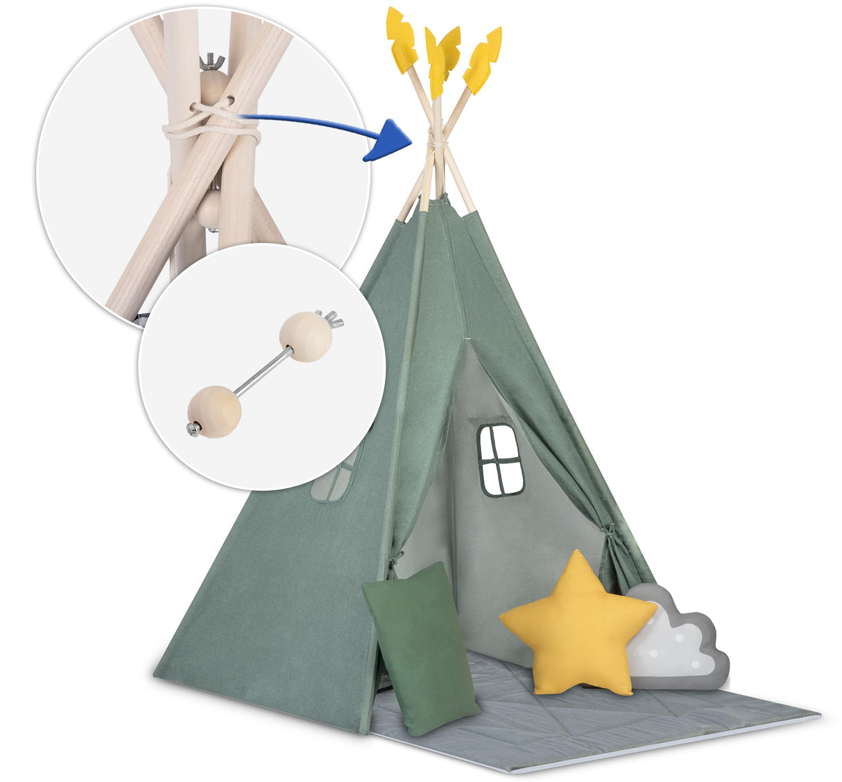 Nukido, Tienda Infantil Tipi Teepee Verde con Guirnalda, Almohadas, estabilizador Grande