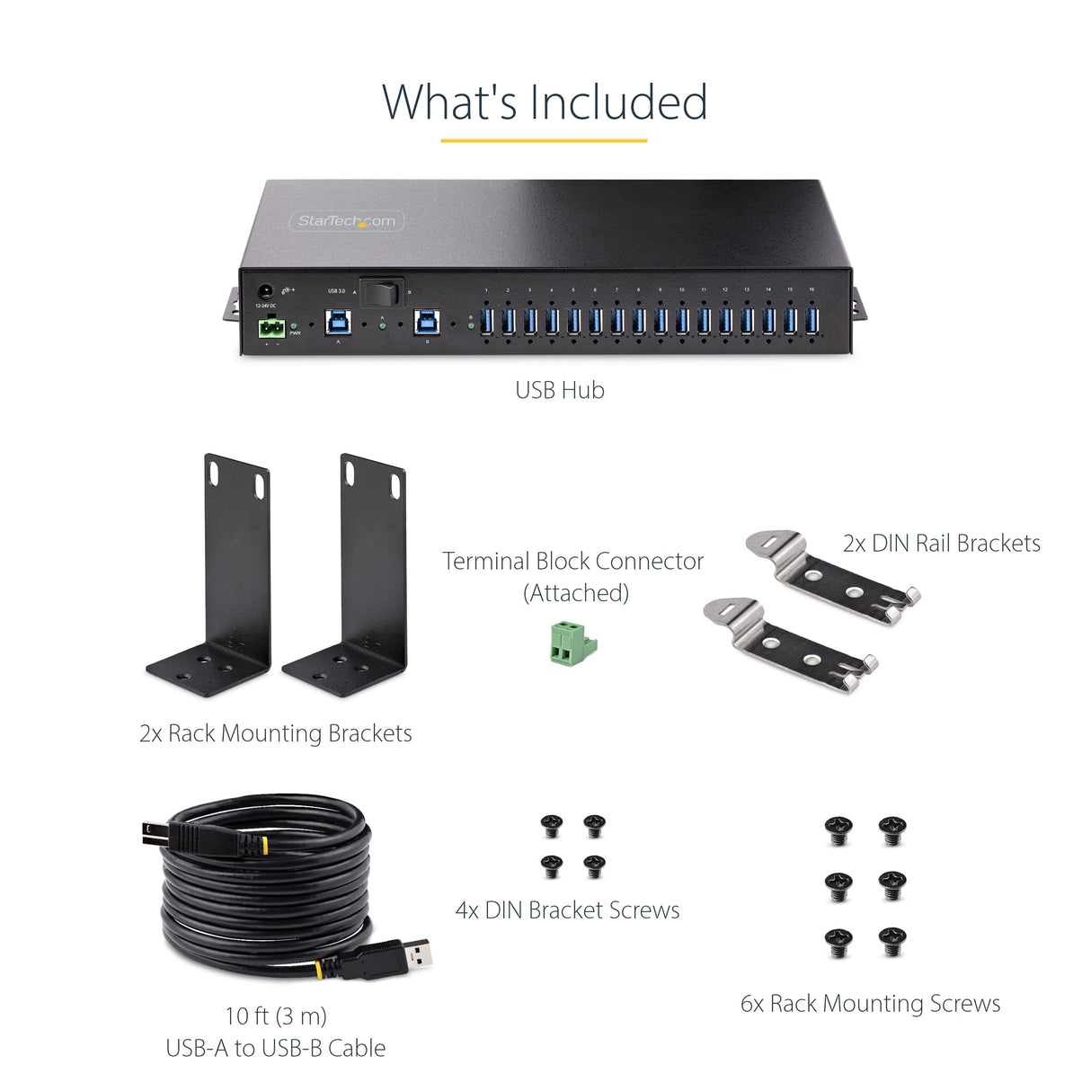 StarTech.com Hub Ladrón USB 3.0 5Gb de 16 Puertos Industrial - Metal - Montaje en Rack/Superficie/DIN - Carga Compartida USB 120W - ESD - Bloque de Terminales - Switch de 2 Hosts (5G16AINDS-USB-A-HUB)