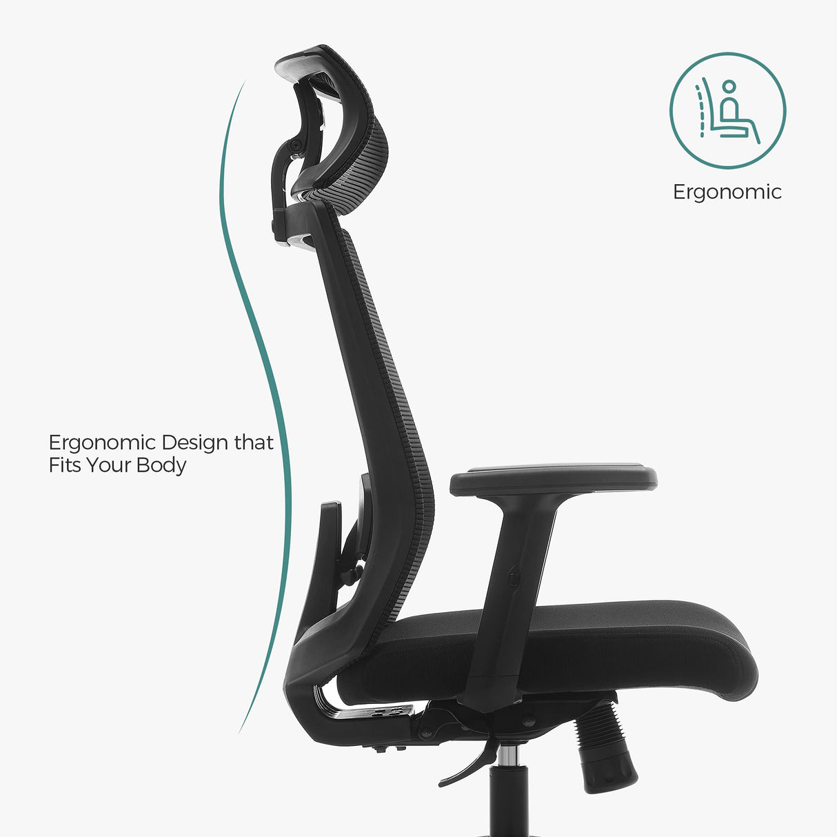 SONGMICS Silla de Oficina de Malla, Silla de Escritorio, Giratorio de 360°, Soporte Lumbar Ajustable, Apoyacabezas y Apoyabrazos, Inclinación del Respaldo hasta 120°, Negro OBN55BK