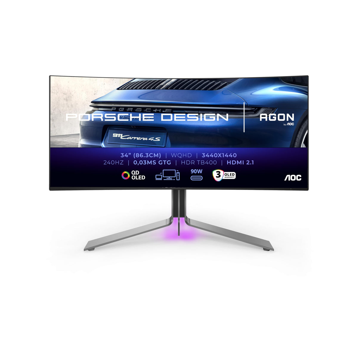 AOC Agon Pro PD34 Monitor Gaming 34" UWQHD, 240Hz, QD-OLED, 0.03 GtG, HDR400 TrueBlack, Adaptive Sync., G-Sync Compat., Altavoces, Altura Ajustable (3440x1440, 2X HDMI 2.1, 1x DP 1.4, USB-C) Gris