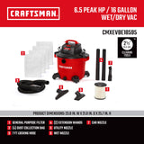 CRAFTSMAN CMXEVBE18595 Aspiradora húmeda y Seca de 16 galones, 6.5 CV, aspiradora Resistente con 4 Bolsas de Recogida de Polvo y Accesorios