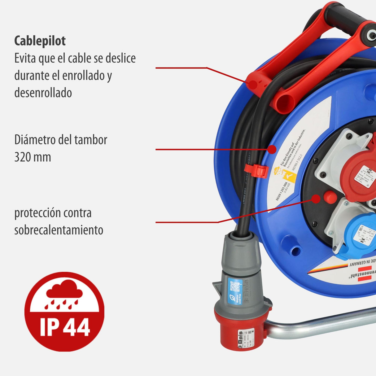 Brennenstuhl Enrollacables de obra industrial Garant CEE IP44 (30m de cable en negro, plástico especial, uso en obras y uso permanente en exteriores, fabricado en alemania)