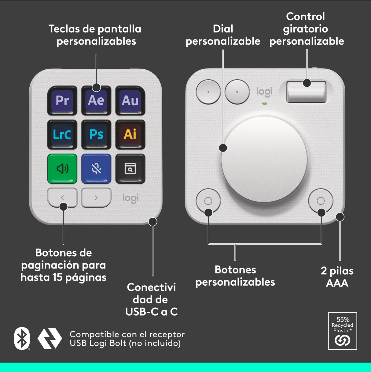 Logitech MX Creative Console, keypad programable con 9 teclas LCD personalizables y dial de control para diseño gráfico, edición de vídeo, fotografía, uso con Adobe, Zoom, Spotify - Gris Pálido