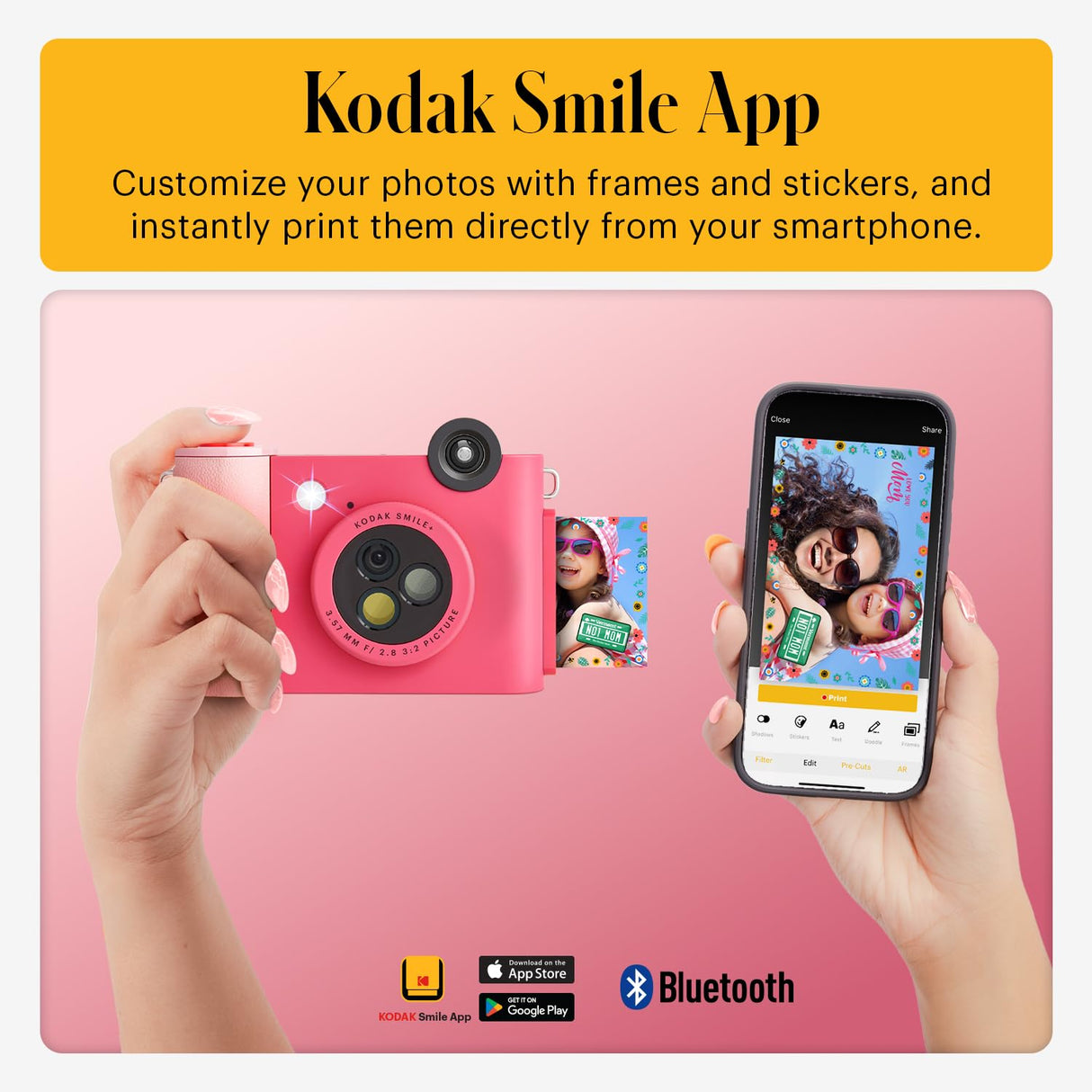 KODAK Smile+ Cámara Digital instantánea 2-en-1 y Impresora Bluetooth - 10MP, Lente giratoria con Efectos, Fotos Adhesivas Zink 2x3”, Imprime Desde App en Dispositivos Inteligentes - Fucsia