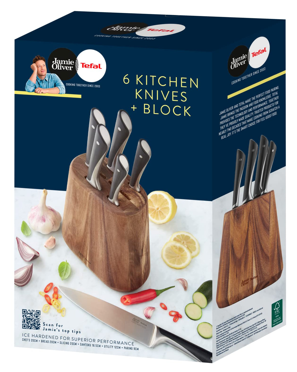 Tefal Jamie Oliver by K267S7 - Bloque de cuchillos de cocina de 7 piezas, 6 cuchillos de cocina + madera, alto rendimiento de corte, diseño distintivo, cuchillas resistentes y duraderas, marrón/negro